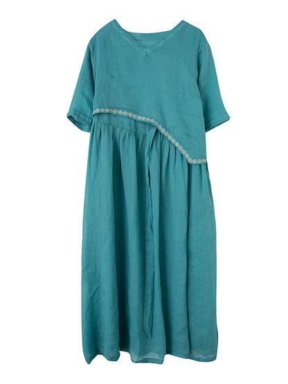 Artistic Retro Solid Color Split-Joint Pleated Tied Embroidered Half Sleeves V-Neck Midi Dress