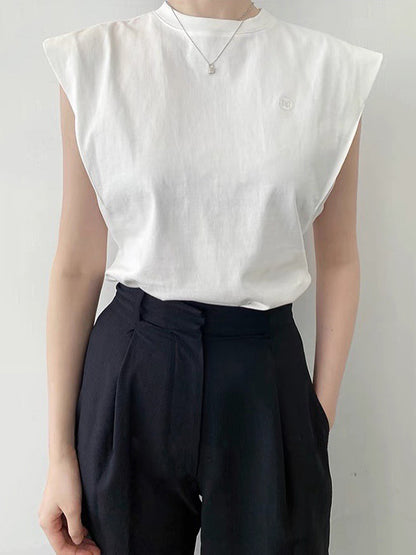Simple Solid Color Round-Neck Cap-Sleeve Vest T-Shirt Tops