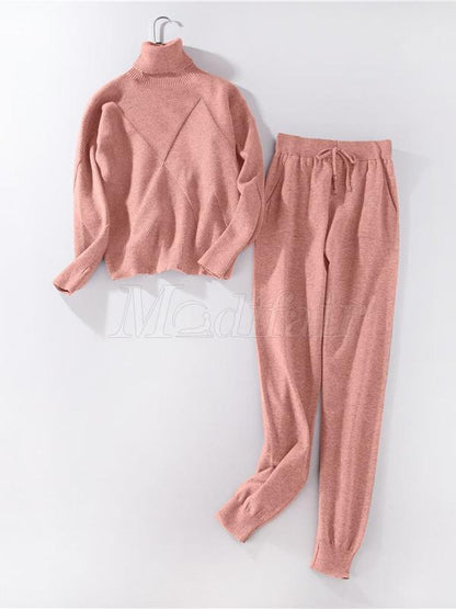 High-neck Rhombic Knitting Sweater and Pants Suits