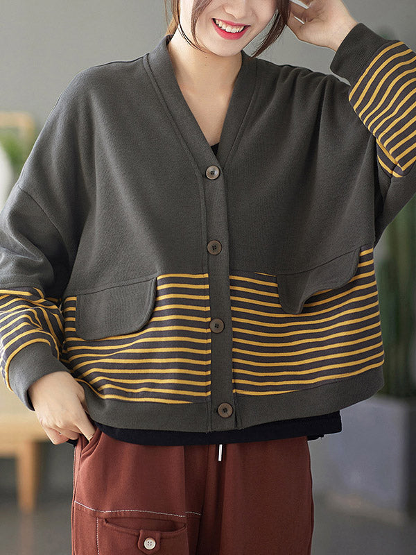 Casual Striped Buttoned V-Neck Batwing Sleeve Outerwear