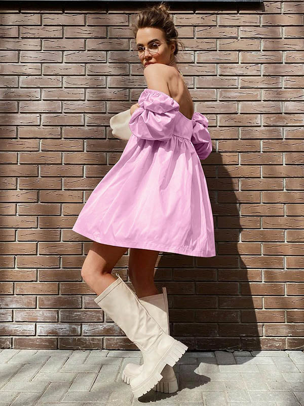 Stylish Split-Joint Pleated Puff Sleeves A-Line Mini Dress