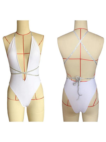 Plain Lace Up Backless One Piece Swimsuit
