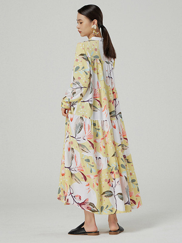Stylish Buttoned Printed Loose Long Sleeves Midi Dress