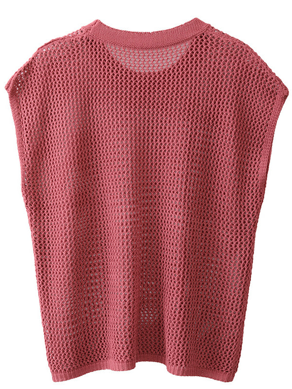 Simple Loose Solid Color Linen Hollow T-Shirt Top