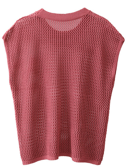 Simple Loose Solid Color Linen Hollow T-Shirt Top