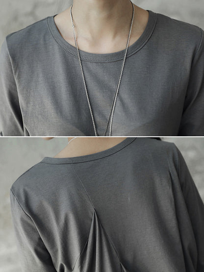 Casual Solid Color Pleated Long Sleeves Round-Neck T-Shirt Tops