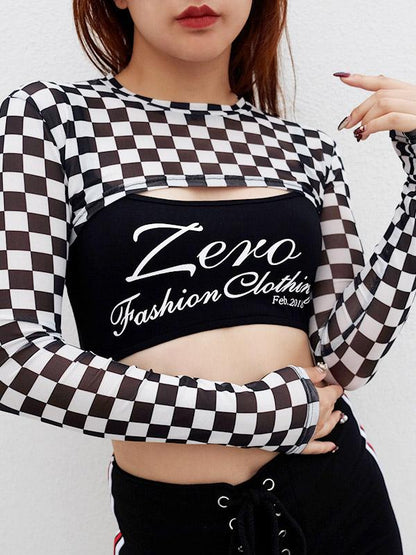 Grid Printed Long Sleeve Cropped Tees