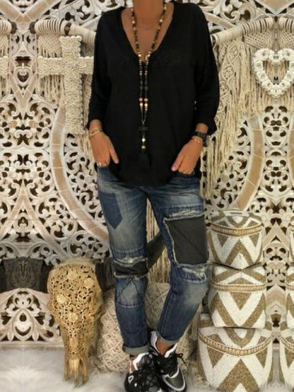 Loose V-neck Long Sleeve T-Shirt