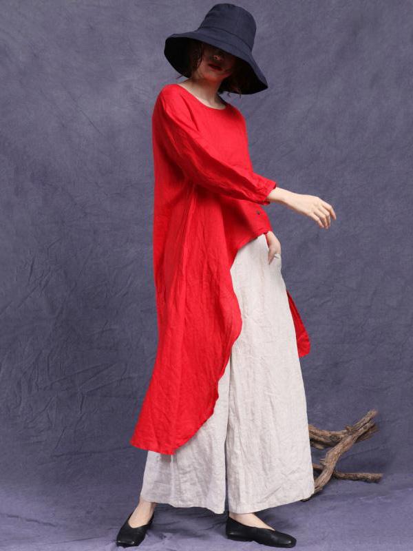 HIGH-LOW LINEN LOOSE SOLID SHIRT TOP