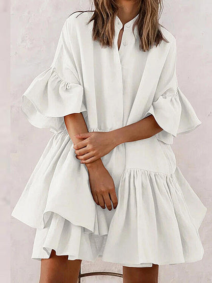 Urban Asymmetric Solid Color Ruffled Buttoned Stand Collar Flared Sleeve Mini Dress