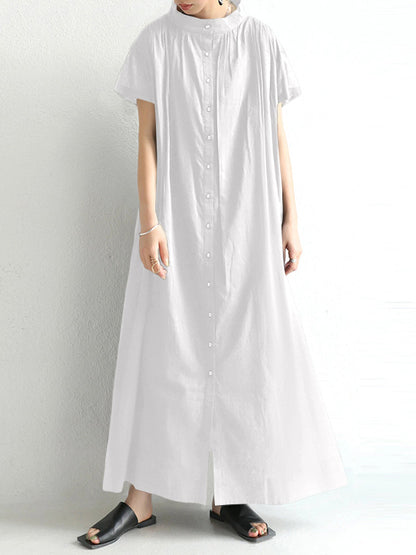 Urban Solid Color Split-Joint Pleated Short Sleeves Stand Collar Maxi Dress