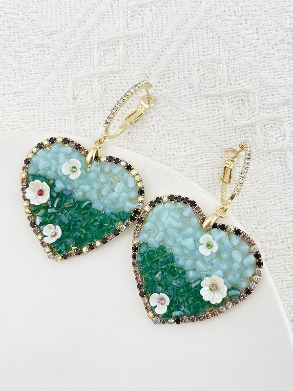 Simple Rhinestone Heart Shape Green Earrings Accessories