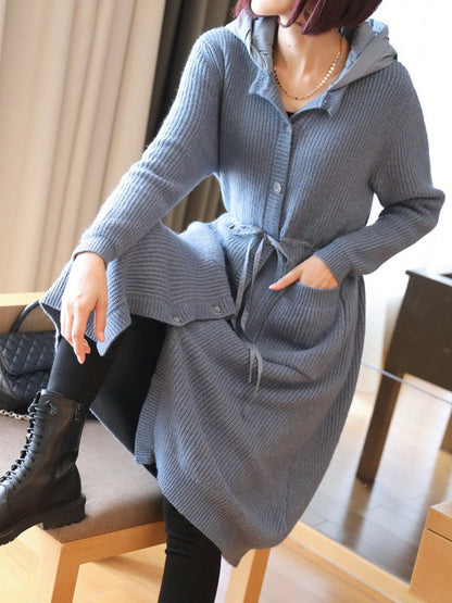 Casual Loose Solid Color Split-Joint With Pocket Buttoned Drawstring Hooded Long Sleeves Knitted Cardigan Outwear