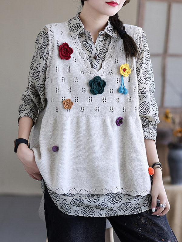 Vintage Knitting Sleeveless Applique V-Neck Vest Top