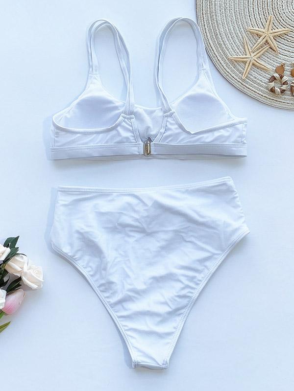 Solid Color Belted Split Bikini Swimsuit