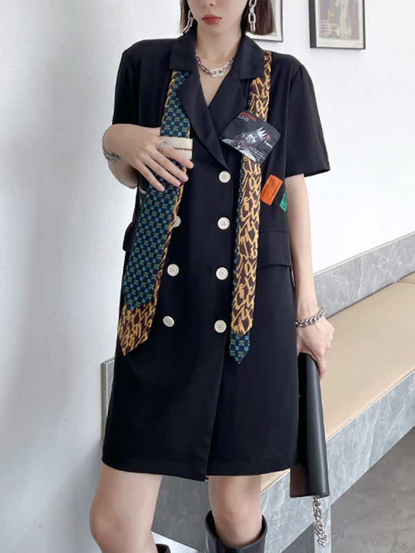 Stylish Buttoned Tie Split-Joint With Pocket Applique Notched Collar Short Sleeves Mini Shirt Dress