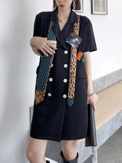 Stylish Buttoned Tie Split-Joint With Pocket Applique Notched Collar Short Sleeves Mini Shirt Dress