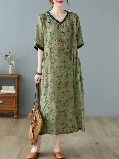 Artistic Retro Contrast Color Floral Printed Midi Dress