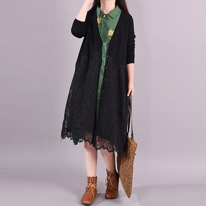 Buykud Lace Stitching Casual Elegant Loose Coat