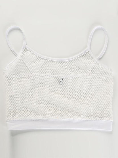 Spaghetti-neck Mesh Crop Hollow Tanks