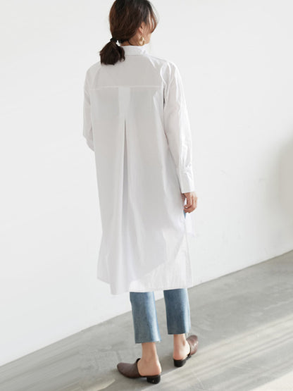 Simple Solid Color Buttoned Split-Side Lapel Collar Long Sleeves Blouse