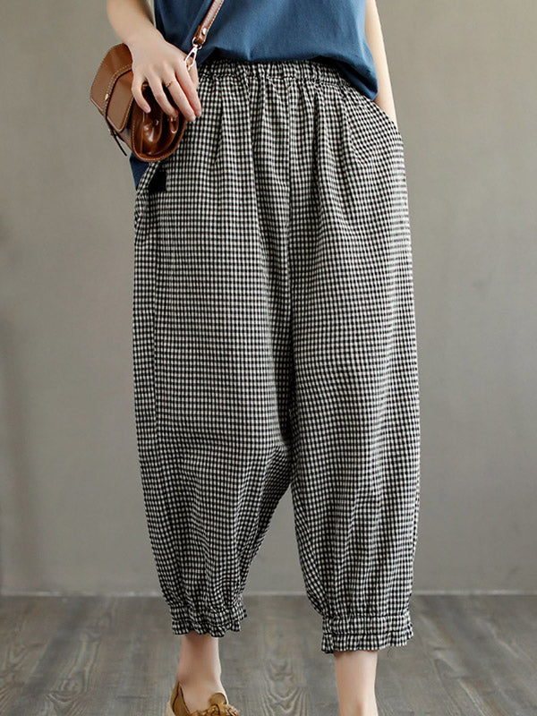 Casual Plaid Cotton Blend Capri-Pants