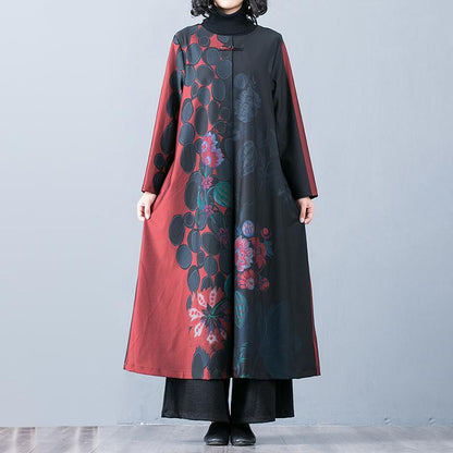 Buykud Floral Print O-Neck Casual Elegant Trench Coat