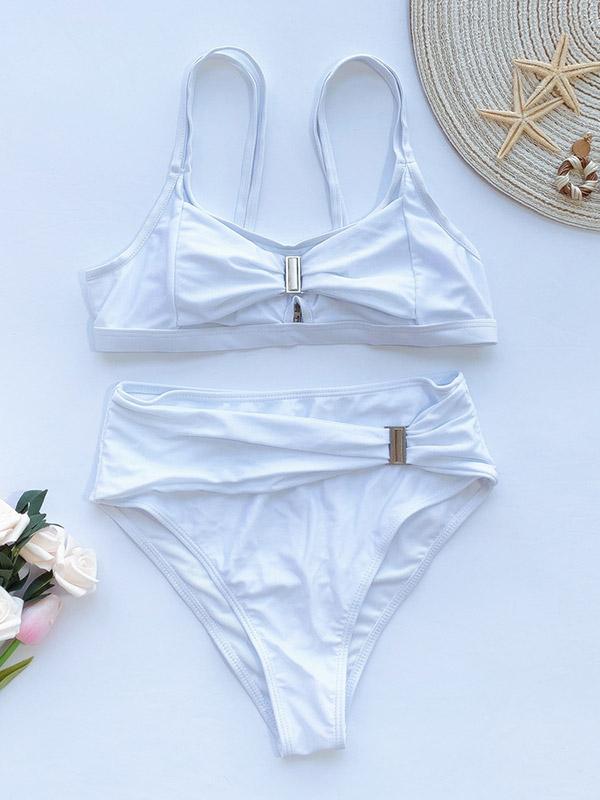 Solid Color Belted Split Bikini Swimsuit