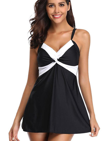 Contrast Cross Knot Dress Tankini Swimsuit