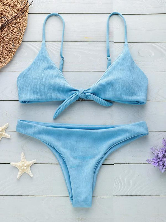 Solid Bow-embellished Bikinis Swimwear