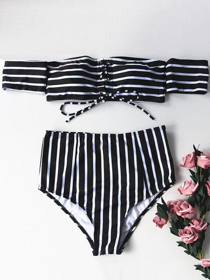 Sexy Striped Bow-embellished Top With High Cut Panty Bikini Set