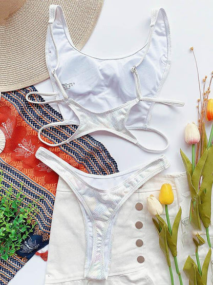 Snake-Print Wet Look Bandage Hollow Split Bikini Swimsuit