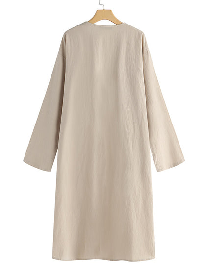 Simple Ramie Cotton Solid Color Long Sleeves Long Outerwear