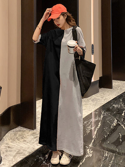 Casual Color Matching Round-Neck Long Sleeves Maxi Dress