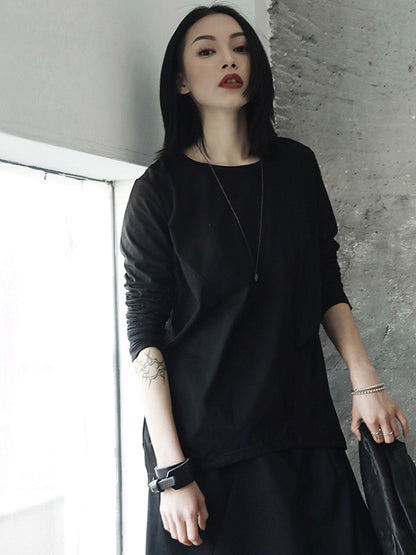 Casual Solid Color Pleated Long Sleeves Round-Neck T-Shirt Tops
