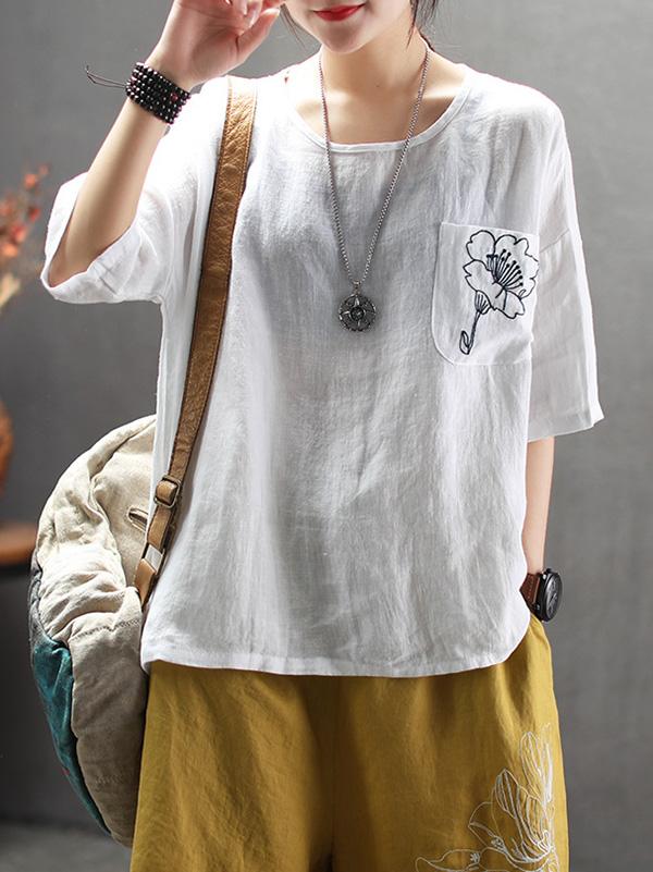 Vintage Embroidered Round-neck Solid T-shirt