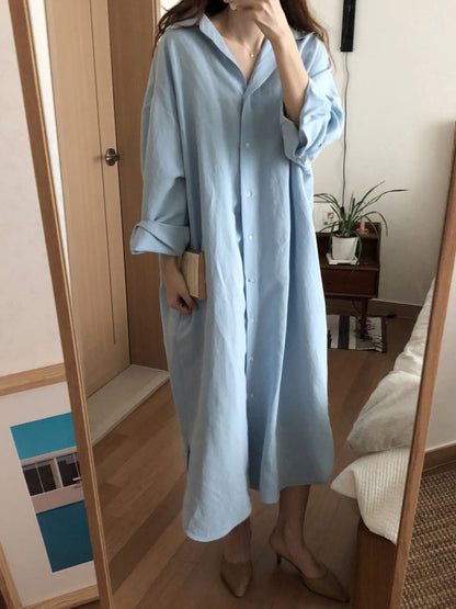 Simple Loose Casual Solid Color Buttoned Split-Side Lapel Collar Long Sleeves Midi Shirt Dress