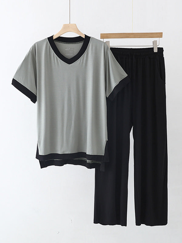 Comfortable Short Sleeve V-Neck T-Shirt&Pants Pajama Set