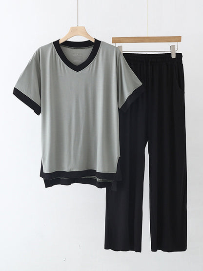 Comfortable Short Sleeve V-Neck T-Shirt&Pants Pajama Set