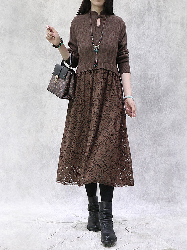 Artistic Retro Solid Color Split-Joint Buttoned Embroidered Hollow Lace Stand Collar Long Sleeves Knitted Sweater Dress