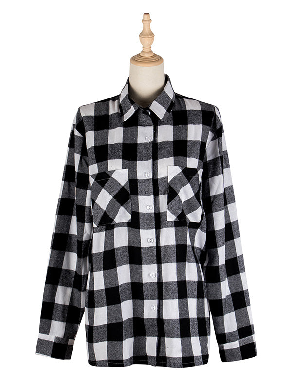 Causal Lapel Buttoned Plaid Long Sleeves Blouses