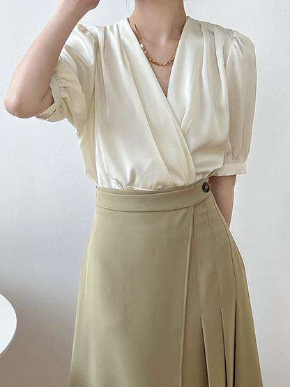 Office V-Neck Half Sleeves Solid Color Blouse