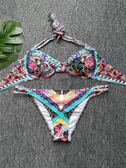 Printed Lace-up Bikini Swimsuit