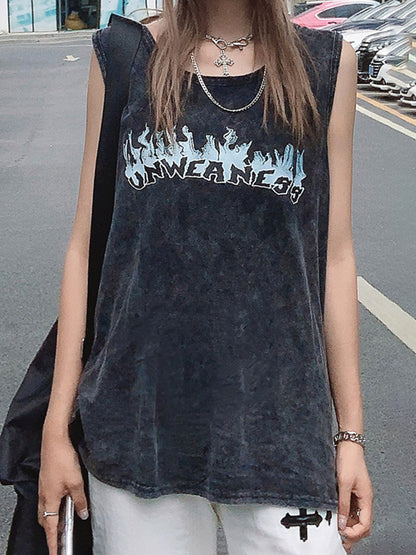Loose Cool Street Hip-Hop Stylish Letter Printed Round-Neck Sleeveless Vest Top