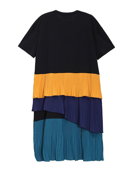 Original Contrast Color Split-Joint Round-Neck Midi Dress