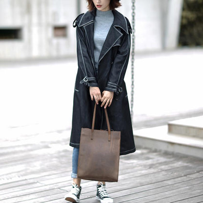 Cotton Solid Sashes Casual Office Lady Denim Coat