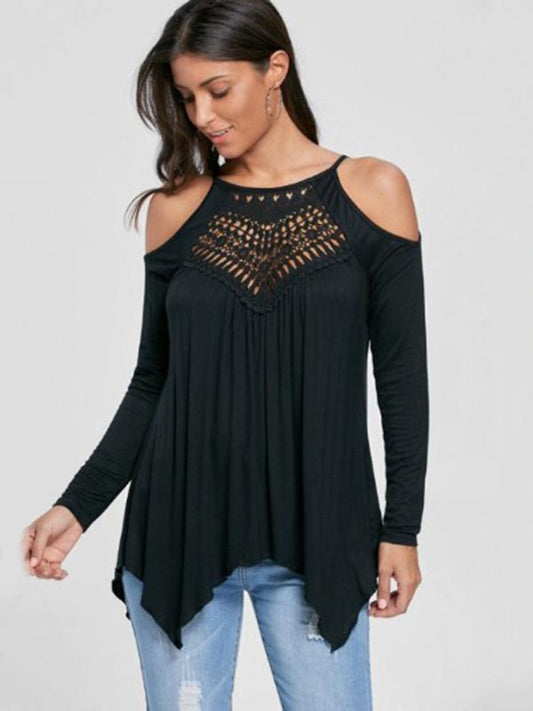 Lace Patchwork off-the-shoulder Long-sleeved Casual T-shirt