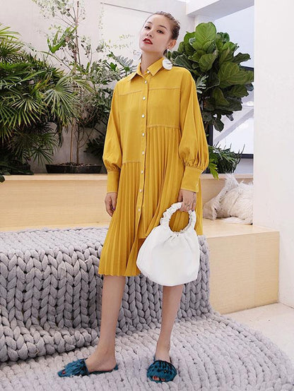 Loose Ruffled Solid Asymmetric Shirt Dress