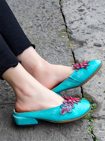 Genuine Leather Flower Decorated Round Toe Mules&Slides