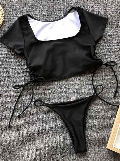 Lace Up Bandeau Short Sleeve Bikini Swimsuit